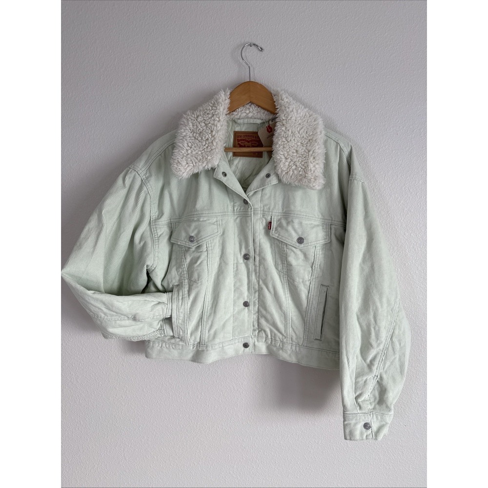 Levi Strauss Womens XL mint Green corduroy baby cropped trucker jacket NEW